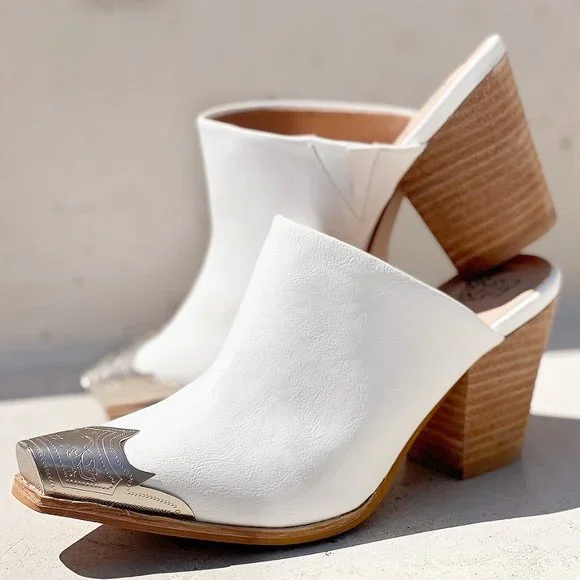 NEW White PU Leather Silver Metal Pointy Square Toe Block Heel Western Mule Shoe - Picture 5 of 13